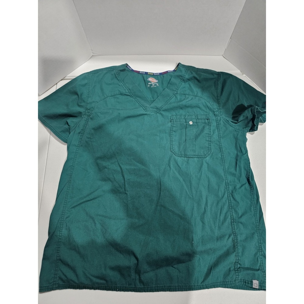 Dickies Stretch Scrub Top XL Teal Green V-Neck Short Sleeve Pocket